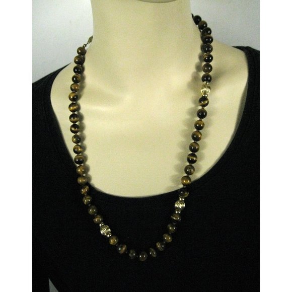 Tiger Eye Beaded Necklace 26 Long Single Strand Knots 14k Gold Filled Clasp VTG - Picture 3 of 7